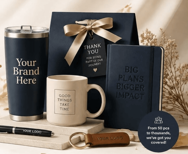 Branded corporate gift set by Gift Emporium — navy tumbler, gift bag, mug, journal, pen and leather keychain, all customizable with your logo